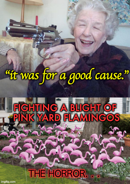 Yard Flamingos | "it was for a good cause."; FIGHTING A BLIGHT OF 
PINK YARD FLAMINGOS; THE HORROR. . . | image tagged in old lady takes aim,yard flamingos | made w/ Imgflip meme maker