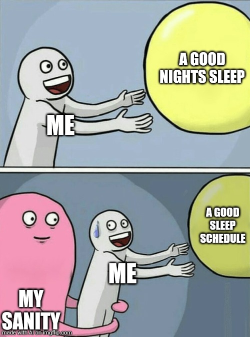 AI meme does it again. | A GOOD NIGHTS SLEEP; ME; A GOOD SLEEP SCHEDULE; ME; MY SANITY | image tagged in memes,running away balloon | made w/ Imgflip meme maker