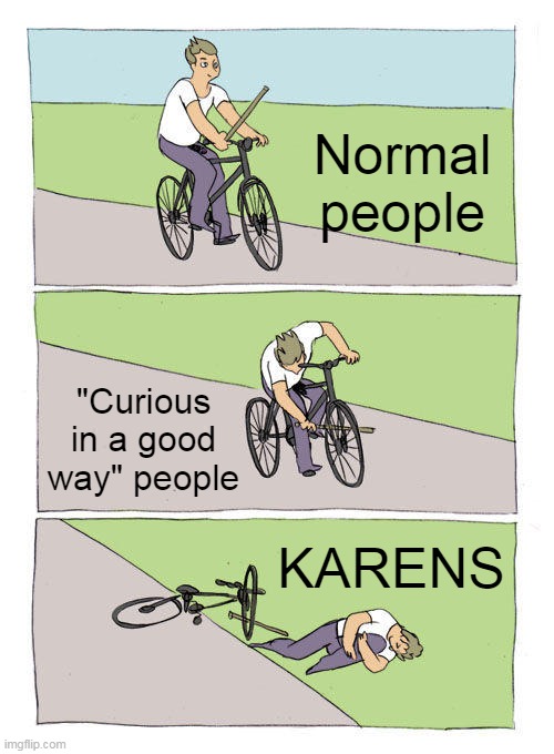 What happens to karens | Normal people; "Curious in a good way" people; KARENS | image tagged in memes,bike fall | made w/ Imgflip meme maker