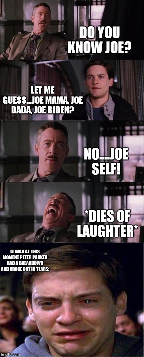 Joe Self! HA!! | DO YOU KNOW JOE? LET ME GUESS...JOE MAMA, JOE DADA, JOE BIDEN? NO....JOE SELF! *DIES OF LAUGHTER*; IT WAS AT THIS MOMENT PETER PARKER HAD A BREAKDOWN AND BROKE OUT IN TEARS: | image tagged in memes,peter parker cry,lol so funny | made w/ Imgflip meme maker