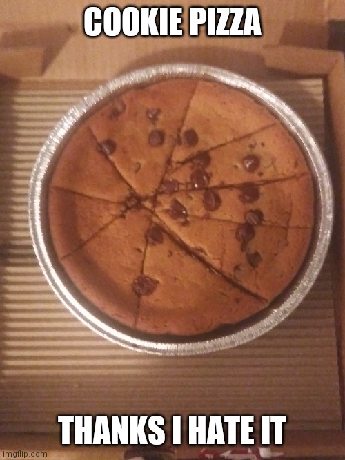 COOKIE PIZZA; THANKS I HATE IT | image tagged in oh god why | made w/ Imgflip meme maker