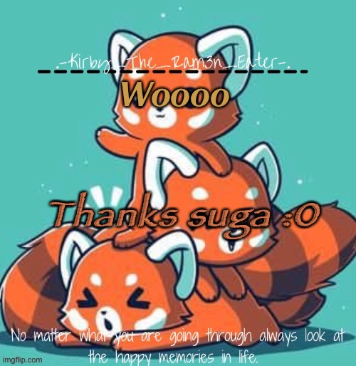 :o | Woooo; Thanks suga :0 | image tagged in pandafox temp thanks suga 000 | made w/ Imgflip meme maker