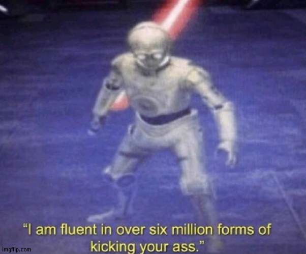 I am fluent in over six million forms of kicking your ass | image tagged in i am fluent in over six million forms of kicking your ass | made w/ Imgflip meme maker