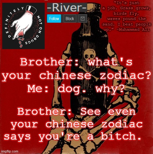 Brother: what's your chinese zodiac?
Me: dog. why? Brother: See even your chinese zodiac says you're a bitch. | made w/ Imgflip meme maker