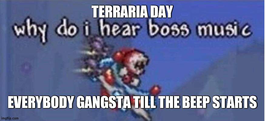 00:7 | TERRARIA DAY; EVERYBODY GANGSTA TILL THE BEEP STARTS | image tagged in why do i hear boss music | made w/ Imgflip meme maker