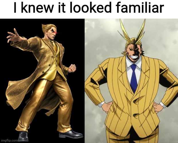 I see Sakurai is a man of culture | I knew it looked familiar | image tagged in my hero academia all might in suit,kazuya mishima,smash bros,super smash bros,my hero academia,super smash bros ultimate | made w/ Imgflip meme maker