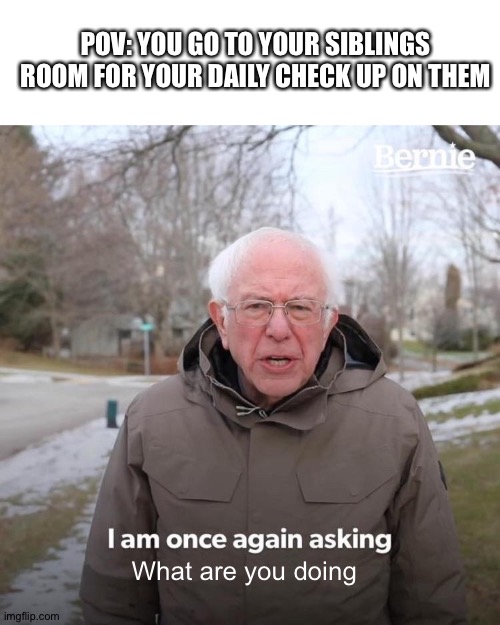 Idk what to call this lmao | P; POV: YOU GO TO YOUR SIBLINGS ROOM FOR YOUR DAILY CHECK UP ON THEM; What are you doing | image tagged in memes,bernie i am once again asking for your support | made w/ Imgflip meme maker