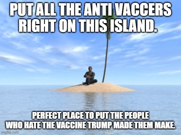 Desert island | PUT ALL THE ANTI VACCERS RIGHT ON THIS ISLAND. PERFECT PLACE TO PUT THE PEOPLE WHO HATE THE VACCINE TRUMP MADE THEM MAKE. | image tagged in desert island | made w/ Imgflip meme maker