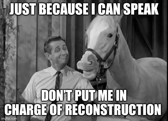 Mr Ed Speaks | JUST BECAUSE I CAN SPEAK; DON’T PUT ME IN CHARGE OF RECONSTRUCTION | image tagged in mr ed speaks | made w/ Imgflip meme maker