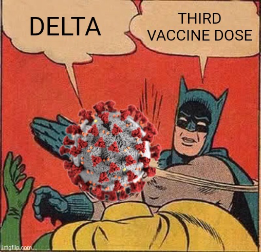 lel | DELTA; THIRD VACCINE DOSE | image tagged in memes,batman slapping robin,coronavirus,covid-19,delta,vaccines | made w/ Imgflip meme maker