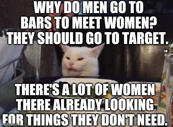 Salad cat | WHY DO MEN GO TO BARS TO MEET WOMEN? THEY SHOULD GO TO TARGET. J M; THERE'S A LOT OF WOMEN THERE ALREADY LOOKING FOR THINGS THEY DON'T NEED. | image tagged in salad cat | made w/ Imgflip meme maker