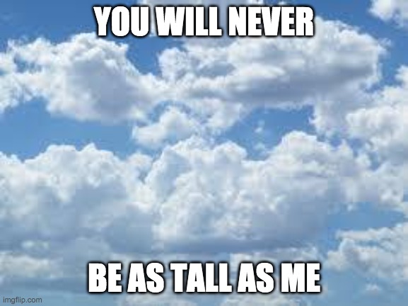 clouds | YOU WILL NEVER BE AS TALL AS ME | image tagged in clouds | made w/ Imgflip meme maker