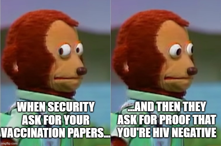 So the 'Conspiracy theorists' were right! |  WHEN SECURITY ASK FOR YOUR VACCINATION PAPERS... ...AND THEN THEY ASK FOR PROOF THAT YOU'RE HIV NEGATIVE | image tagged in puppet monkey looking away,aids,hiv,new world order | made w/ Imgflip meme maker