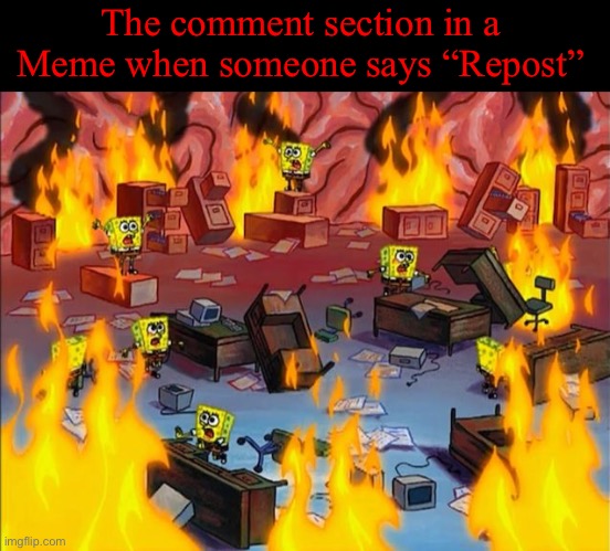 You could say the same for when someone says Upvote beggar | The comment section in a Meme when someone says “Repost” | image tagged in spongebob fire | made w/ Imgflip meme maker