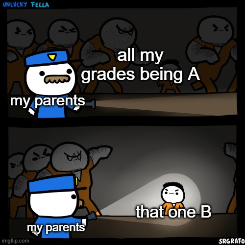 yes | all my grades being A; my parents; that one B; my parents | image tagged in flashlight pointed at child | made w/ Imgflip meme maker
