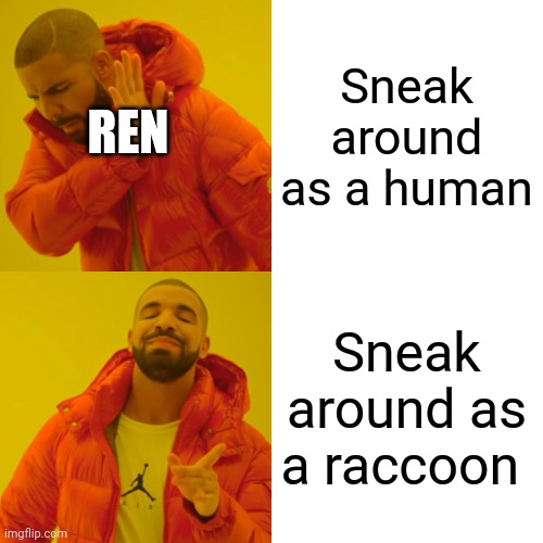 I'll try raccoon, that's a good trick | Sneak around as a human; REN; Sneak around as a raccoon | image tagged in memes,drake hotline bling | made w/ Imgflip meme maker