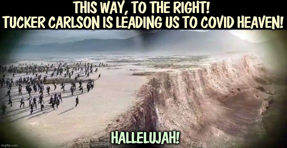 Fox News anti-vax lemmings run towards a cliff, instead of away from it. Bye bye. | THIS WAY, TO THE RIGHT! 
TUCKER CARLSON IS LEADING US TO COVID HEAVEN! HALLELUJAH! | image tagged in republican lemmings approach a cliff,fox news,tucker carlson,lemmings,cliff,anti vax | made w/ Imgflip meme maker