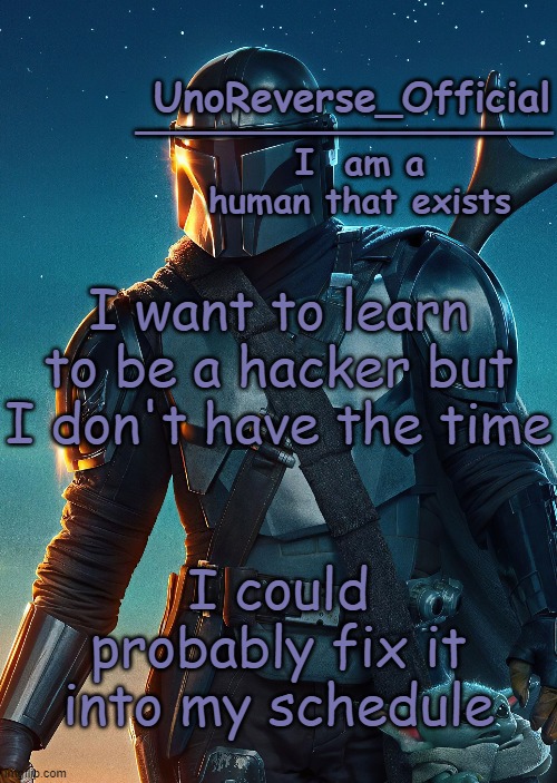 I need a teacher | I want to learn to be a hacker but I don't have the time; I could probably fix it into my schedule | image tagged in uno's mandalorian temp | made w/ Imgflip meme maker