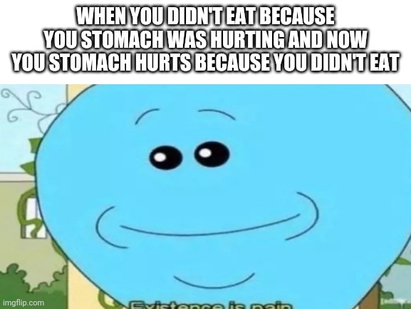 My everyday life | WHEN YOU DIDN'T EAT BECAUSE YOU STOMACH WAS HURTING AND NOW YOU STOMACH HURTS BECAUSE YOU DIDN'T EAT | image tagged in pain | made w/ Imgflip meme maker