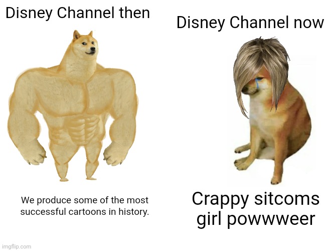 Listen I know it's Karen wig but let it slide |  Disney Channel now; Disney Channel then; Crappy sitcoms girl powwweer; We produce some of the most successful cartoons in history. | image tagged in memes,buff doge vs cheems | made w/ Imgflip meme maker