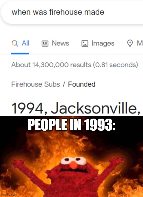 another roasted company yay | PEOPLE IN 1993: | image tagged in elmo fire | made w/ Imgflip meme maker