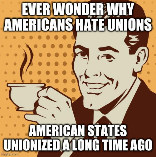 maybe thats why they all seem to hate each other | EVER WONDER WHY AMERICANS HATE UNIONS; AMERICAN STATES UNIONIZED A LONG TIME AGO | image tagged in mug approval,usa | made w/ Imgflip meme maker