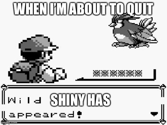 pokemon appears | WHEN I’M ABOUT TO QUIT; SHINY HAS | image tagged in pokemon appears | made w/ Imgflip meme maker