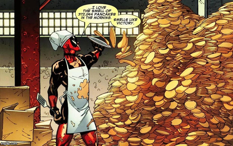 Just Deadpool and a bunch of pancakes | image tagged in marvel,deadpool,pancakes,comics | made w/ Imgflip meme maker