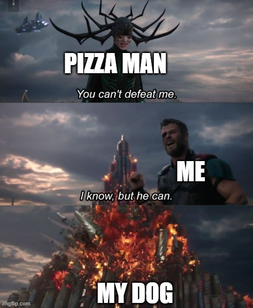 You can't defeat me | PIZZA MAN; ME; MY DOG | image tagged in you can't defeat me | made w/ Imgflip meme maker