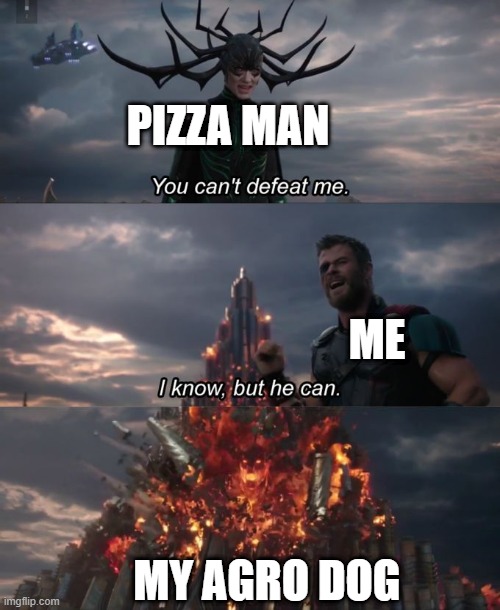 You can't defeat me | PIZZA MAN; ME; MY AGRO DOG | image tagged in you can't defeat me | made w/ Imgflip meme maker