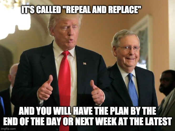 trump mcconnell | IT'S CALLED "REPEAL AND REPLACE" AND YOU WILL HAVE THE PLAN BY THE END OF THE DAY OR NEXT WEEK AT THE LATEST | image tagged in trump mcconnell | made w/ Imgflip meme maker