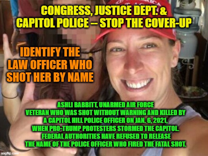 Full Accountability: No Hiding Behind the Badge | CONGRESS, JUSTICE DEPT. & CAPITOL POLICE -- STOP THE COVER-UP; IDENTIFY THE LAW OFFICER WHO SHOT HER BY NAME; ASHLI BABBITT, UNARMED AIR FORCE VETERAN WHO WAS SHOT WITHOUT WARNING AND KILLED BY A CAPITOL HILL POLICE OFFICER ON JAN. 6, 2021, WHEN PRO-TRUMP PROTESTERS STORMED THE CAPITOL.  FEDERAL AUTHORITIES HAVE REFUSED TO RELEASE THE NAME OF THE POLICE OFFICER WHO FIRED THE FATAL SHOT. | image tagged in ashli babbitt,congress,justice department,capitol hill police | made w/ Imgflip meme maker