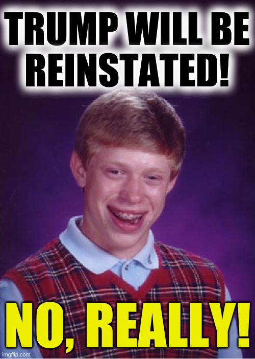believe! | TRUMP WILL BE
REINSTATED! NO, REALLY! | image tagged in memes,bad luck brian,trump reinstated,insurrection,qanon,conservative logic | made w/ Imgflip meme maker