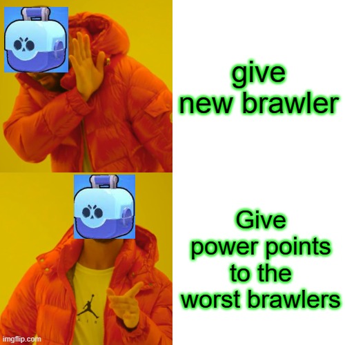 Brawl box script |  give new brawler; Give power points to the worst brawlers | image tagged in memes,drake hotline bling,brawl stars meme | made w/ Imgflip meme maker