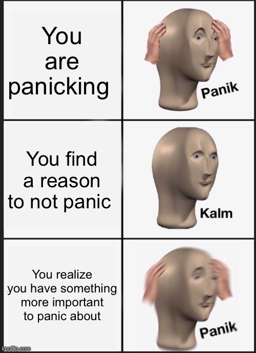 Panik kalm panik | You are panicking; You find a reason to not panic; You realize you have something more important to panic about | image tagged in memes,panik kalm panik | made w/ Imgflip meme maker