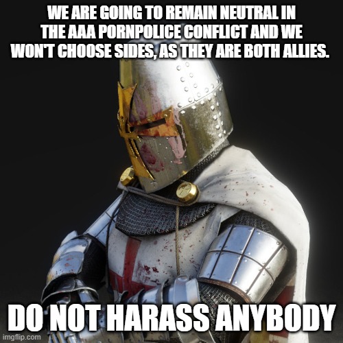 Paladin | WE ARE GOING TO REMAIN NEUTRAL IN THE AAA PORNPOLICE CONFLICT AND WE WON'T CHOOSE SIDES, AS THEY ARE BOTH ALLIES. DO NOT HARASS ANYBODY | image tagged in paladin | made w/ Imgflip meme maker