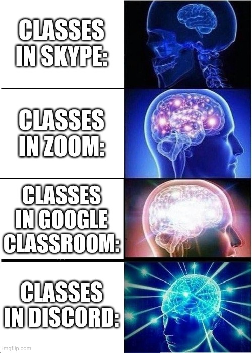 Online classes | CLASSES IN SKYPE:; CLASSES IN ZOOM:; CLASSES IN GOOGLE CLASSROOM:; CLASSES IN DISCORD: | image tagged in memes,expanding brain,class,discord class,google classroom,brain chart | made w/ Imgflip meme maker