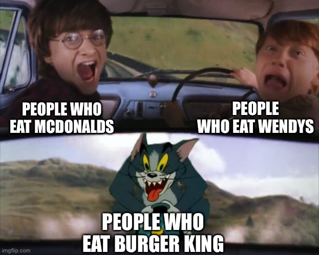 Oh no | PEOPLE WHO EAT WENDYS; PEOPLE WHO EAT MCDONALDS; PEOPLE WHO EAT BURGER KING | image tagged in tom chasing harry and ron weasly | made w/ Imgflip meme maker