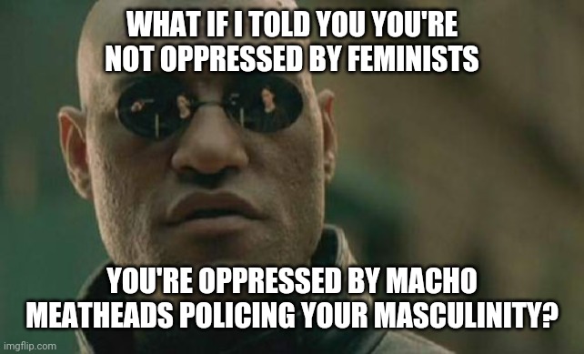 Matrix Morpheus | WHAT IF I TOLD YOU YOU'RE NOT OPPRESSED BY FEMINISTS; YOU'RE OPPRESSED BY MACHO MEATHEADS POLICING YOUR MASCULINITY? | image tagged in memes,matrix morpheus,feminists,bullies | made w/ Imgflip meme maker