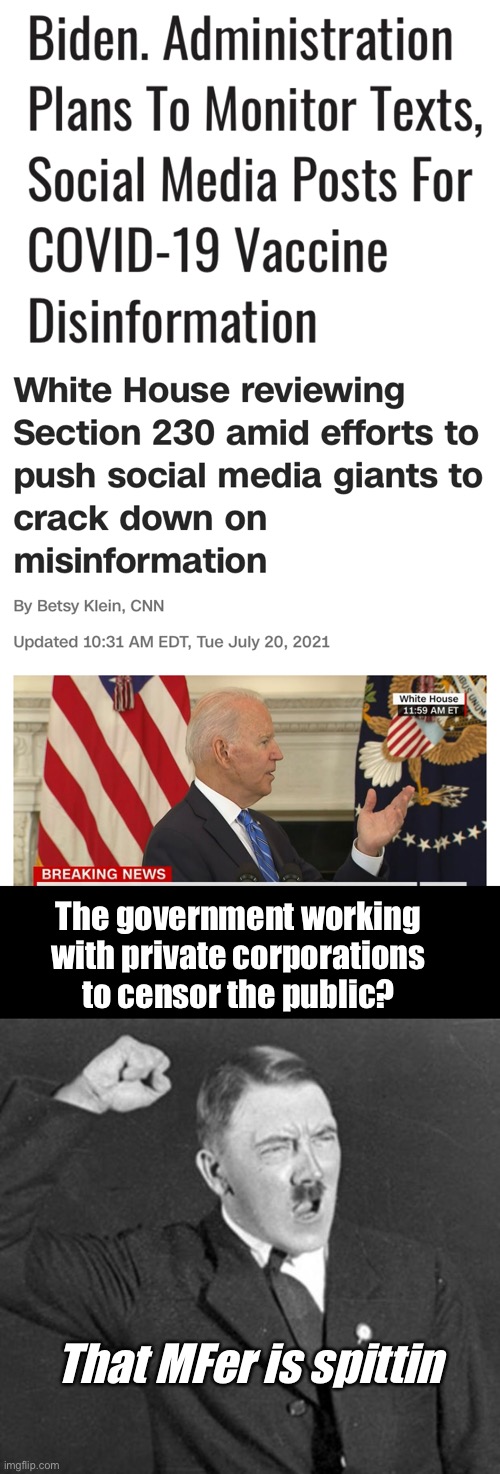 History repeats itself | The government working with private corporations to censor the public? That MFer is spittin | image tagged in angry hitler,politics lol,politicians suck,memes,joe biden | made w/ Imgflip meme maker