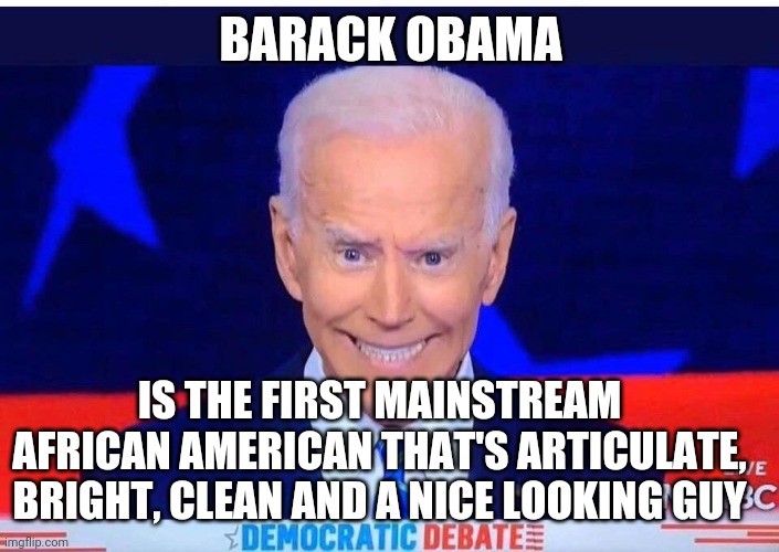 Joe Biden | BARACK OBAMA IS THE FIRST MAINSTREAM AFRICAN AMERICAN THAT'S ARTICULATE, BRIGHT, CLEAN AND A NICE LOOKING GUY | image tagged in joe biden | made w/ Imgflip meme maker