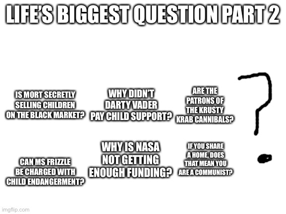 Why did I make a sequel? | LIFE’S BIGGEST QUESTION PART 2; IS MORT SECRETLY SELLING CHILDREN ON THE BLACK MARKET? WHY DIDN’T DARTY VADER PAY CHILD SUPPORT? ARE THE PATRONS OF THE KRUSTY KRAB CANNIBALS? IF YOU SHARE A HOME, DOES THAT MEAN YOU ARE A COMMUNIST? CAN MS FRIZZLE BE CHARGED WITH CHILD ENDANGERMENT? WHY IS NASA NOT GETTING ENOUGH FUNDING? | image tagged in blank white template | made w/ Imgflip meme maker