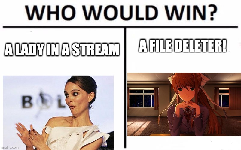 Who Would Win? Meme | A LADY IN A STREAM A FILE DELETER! | image tagged in memes,who would win | made w/ Imgflip meme maker