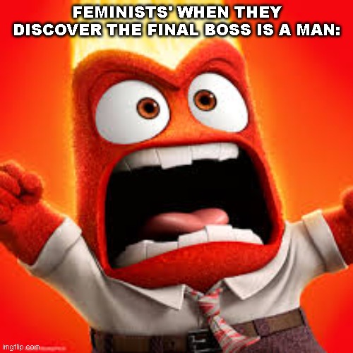 :> |  FEMINISTS' WHEN THEY DISCOVER THE FINAL BOSS IS A MAN: | image tagged in inside out anger | made w/ Imgflip meme maker