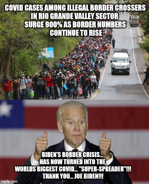 Biden is an idiot | COVID CASES AMONG ILLEGAL BORDER CROSSERS
IN RIO GRANDE VALLEY SECTOR 
SURGE 900% AS BORDER NUMBERS
 CONTINUE TO RISE; BIDEN'S BORDER CRISIS... 
HAS NOW TURNED INTO THE 
WORLDS BIGGEST COVID... "SUPER-SPREADER"!!!

THANK YOU... JOE BIDEN!!! | image tagged in biden | made w/ Imgflip meme maker