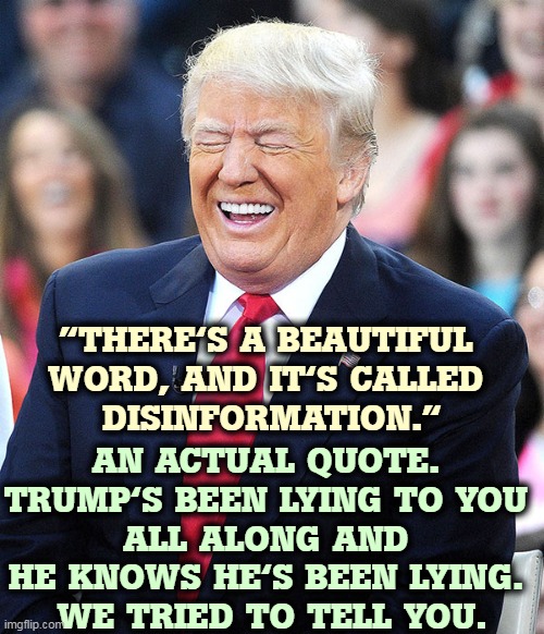 Trump explains why he lies. | "THERE'S A BEAUTIFUL 
WORD, AND IT'S CALLED 
DISINFORMATION."; AN ACTUAL QUOTE. 
TRUMP'S BEEN LYING TO YOU 
ALL ALONG AND 
HE KNOWS HE'S BEEN LYING. 
WE TRIED TO TELL YOU. | image tagged in trump laughing,trump,liar,suckers,believe | made w/ Imgflip meme maker