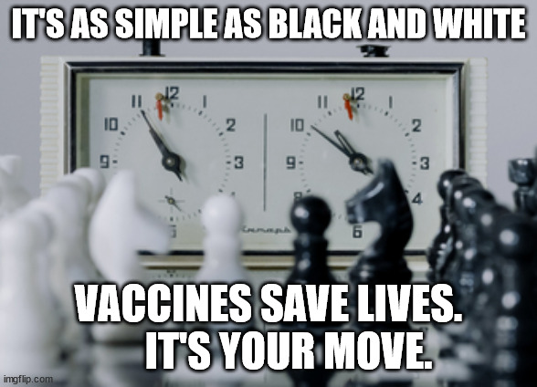 Vaccines save lives | IT'S AS SIMPLE AS BLACK AND WHITE; VACCINES SAVE LIVES.      IT'S YOUR MOVE. | image tagged in vaccines,vaccination,immunize,vaccines work,vaccines save lives,covid-19 | made w/ Imgflip meme maker