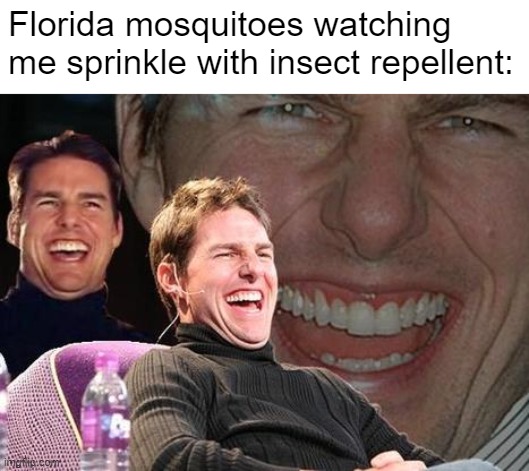 No way man | Florida mosquitoes watching me sprinkle with insect repellent: | image tagged in tom cruise laugh | made w/ Imgflip meme maker