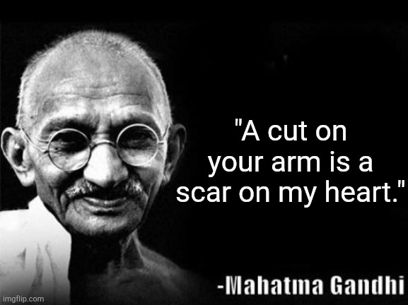 Fuckinghell... | "A cut on your arm is a scar on my heart." | image tagged in mahatma gandhi rocks | made w/ Imgflip meme maker