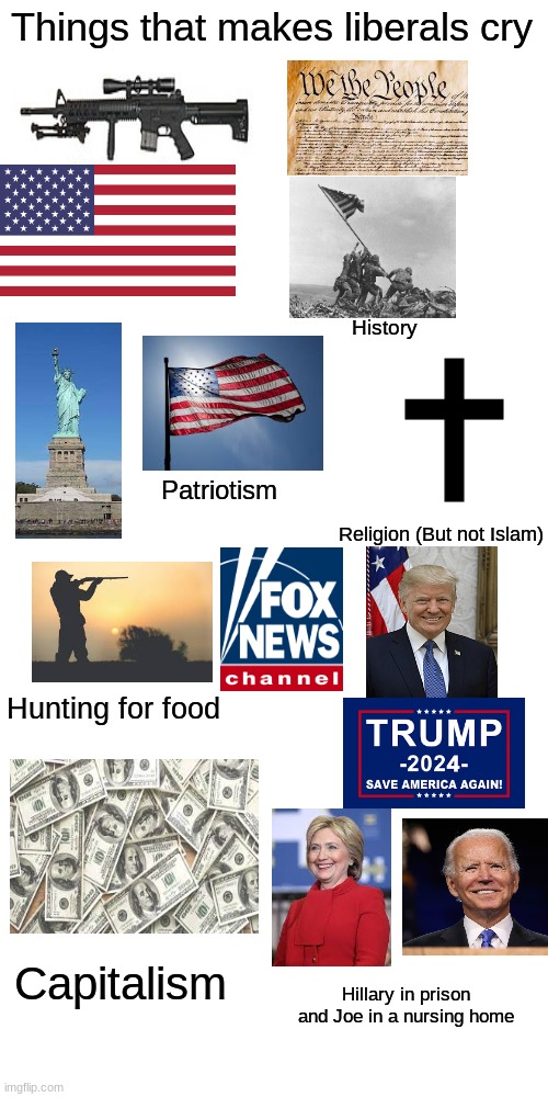 What else do liberals hate? | Things that makes liberals cry; History; Patriotism; Religion (But not Islam); Hunting for food; Capitalism; Hillary in prison and Joe in a nursing home | image tagged in memes,blank transparent square,donald trump,conservatives | made w/ Imgflip meme maker